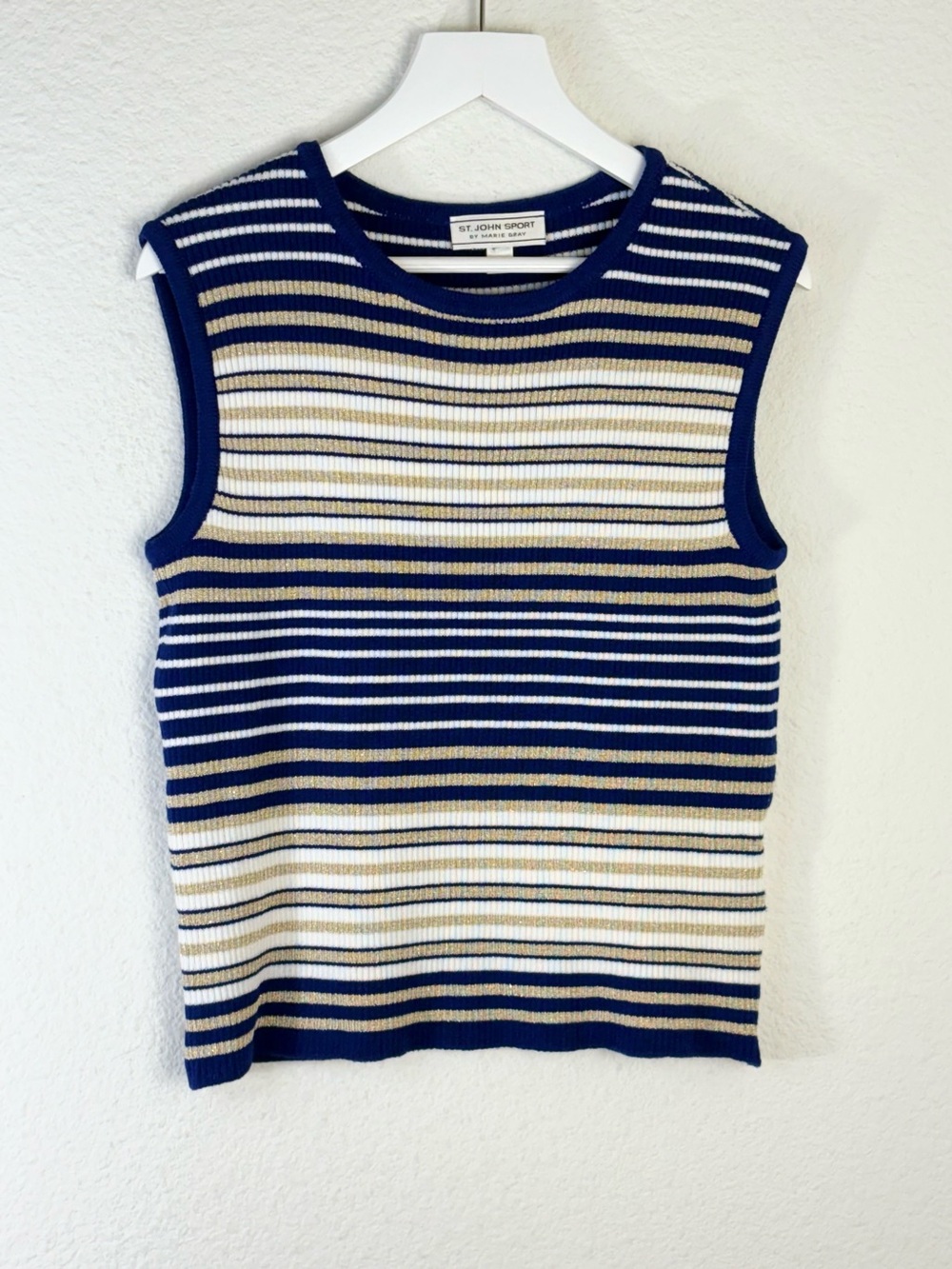 St. John Sport Blue White & Gold Striped Knit Sleeveless Top
